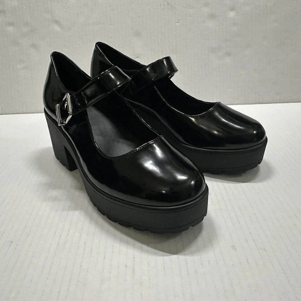 GB Mary Jane‎ Platform Heel Shoes Womens 8.5 Shiny Black Block Lug Sole Y2K